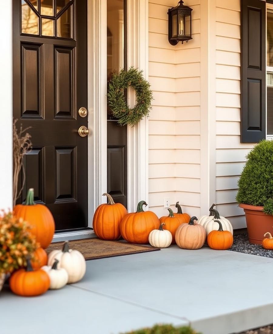 Townhome entry styled with a modest cluster of orange and white uncarved pumpkins