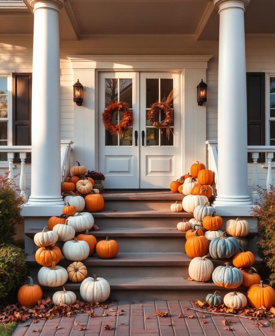 Columned porch with layered cream, orange and blue-gray heirloom pumpkins on the steps
