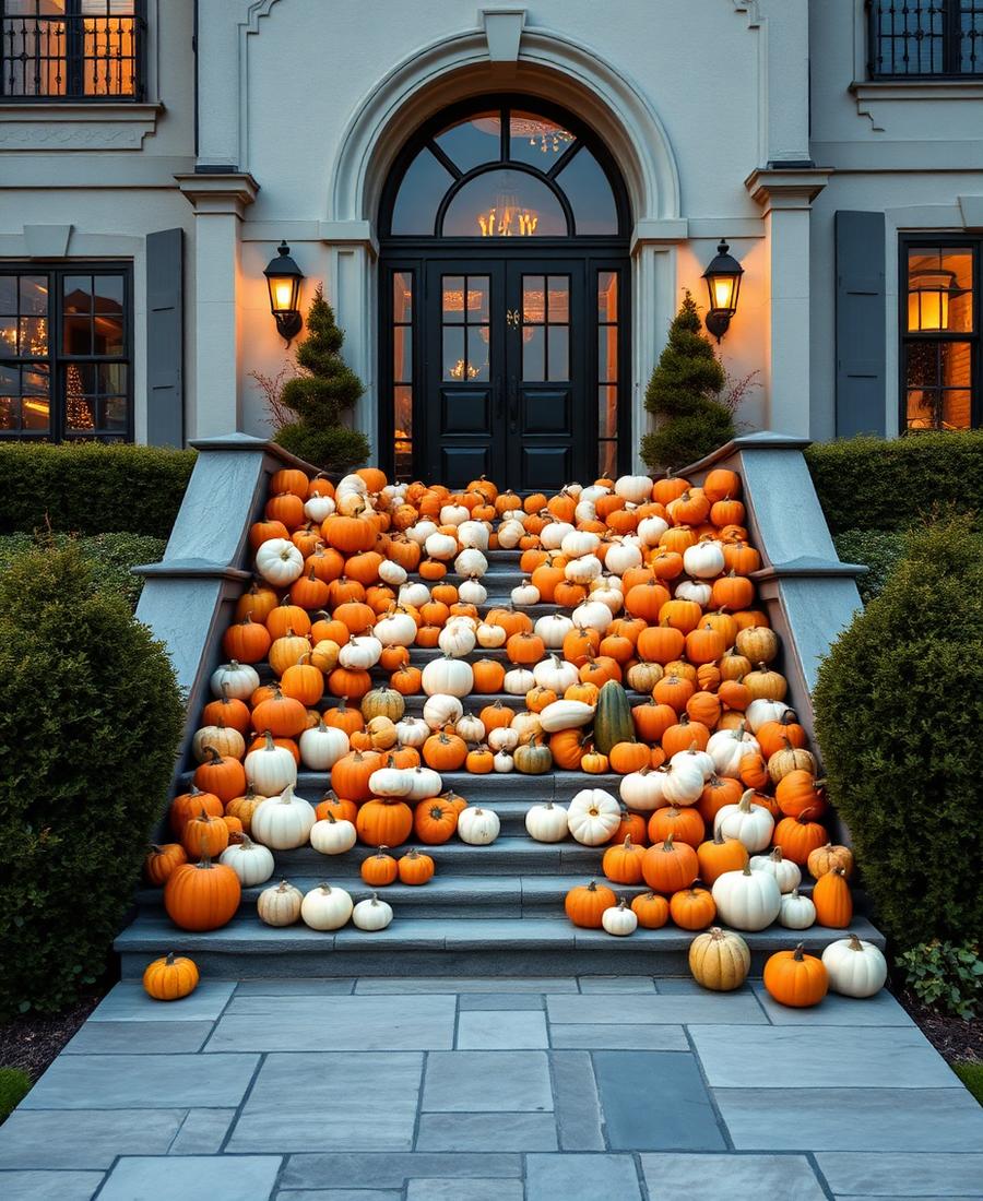 Estate entrance with dozens of uncarved pumpkins cascading down wide stone steps