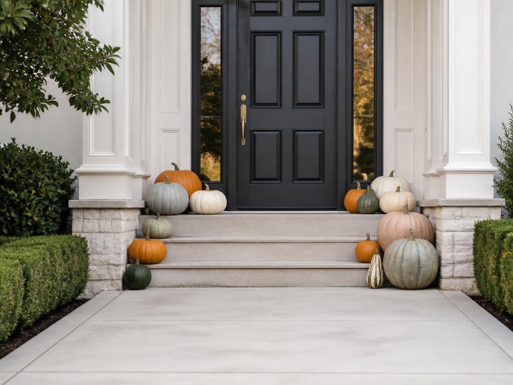 Small front entrance styled with roughly 15 to 20 real uncarved pumpkins beside the door