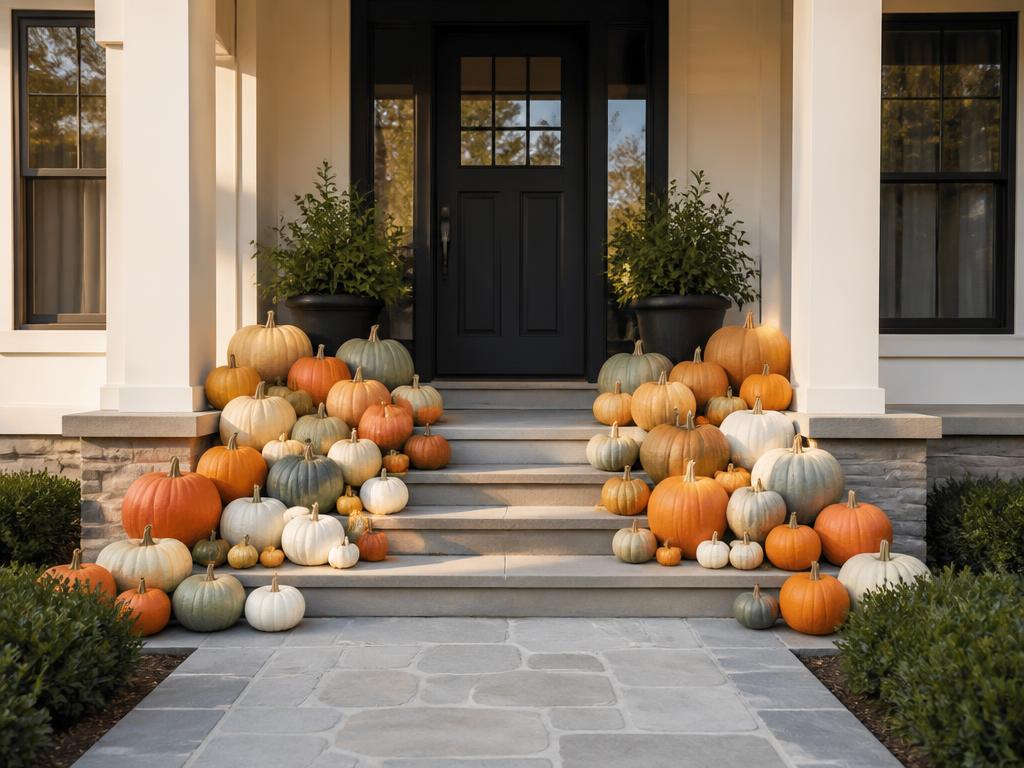 Standard front porch layered with roughly 25 to 35 real uncarved pumpkins across the upper steps