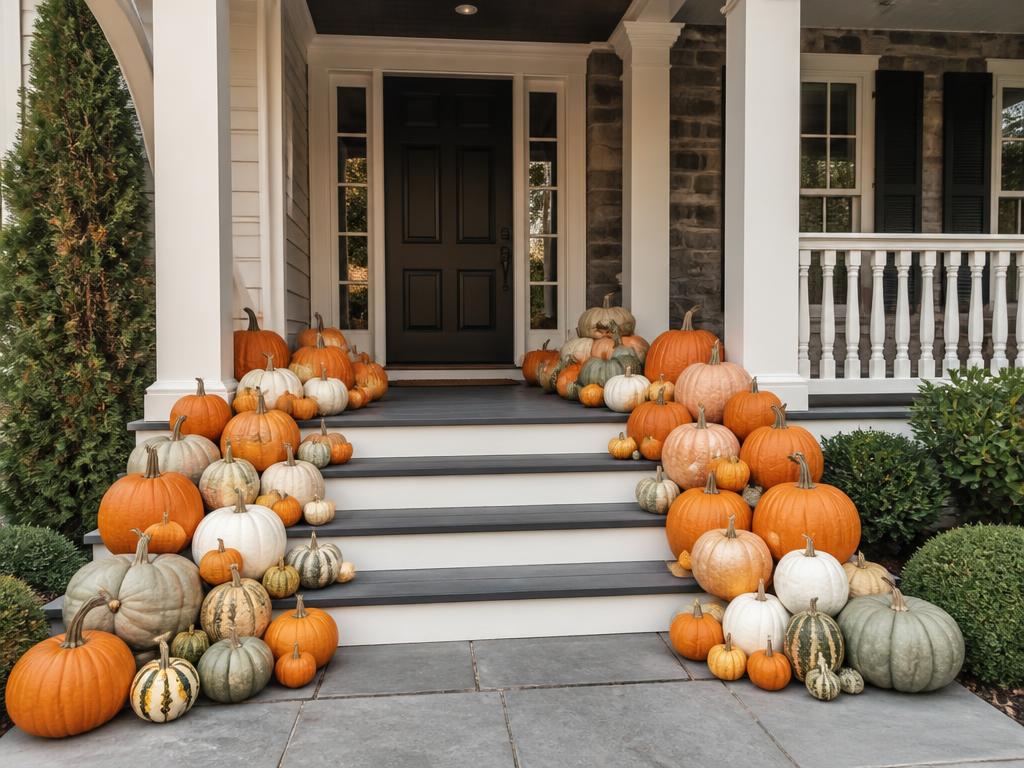 Large porch with roughly 40 to 50 real uncarved pumpkins cascading down several steps