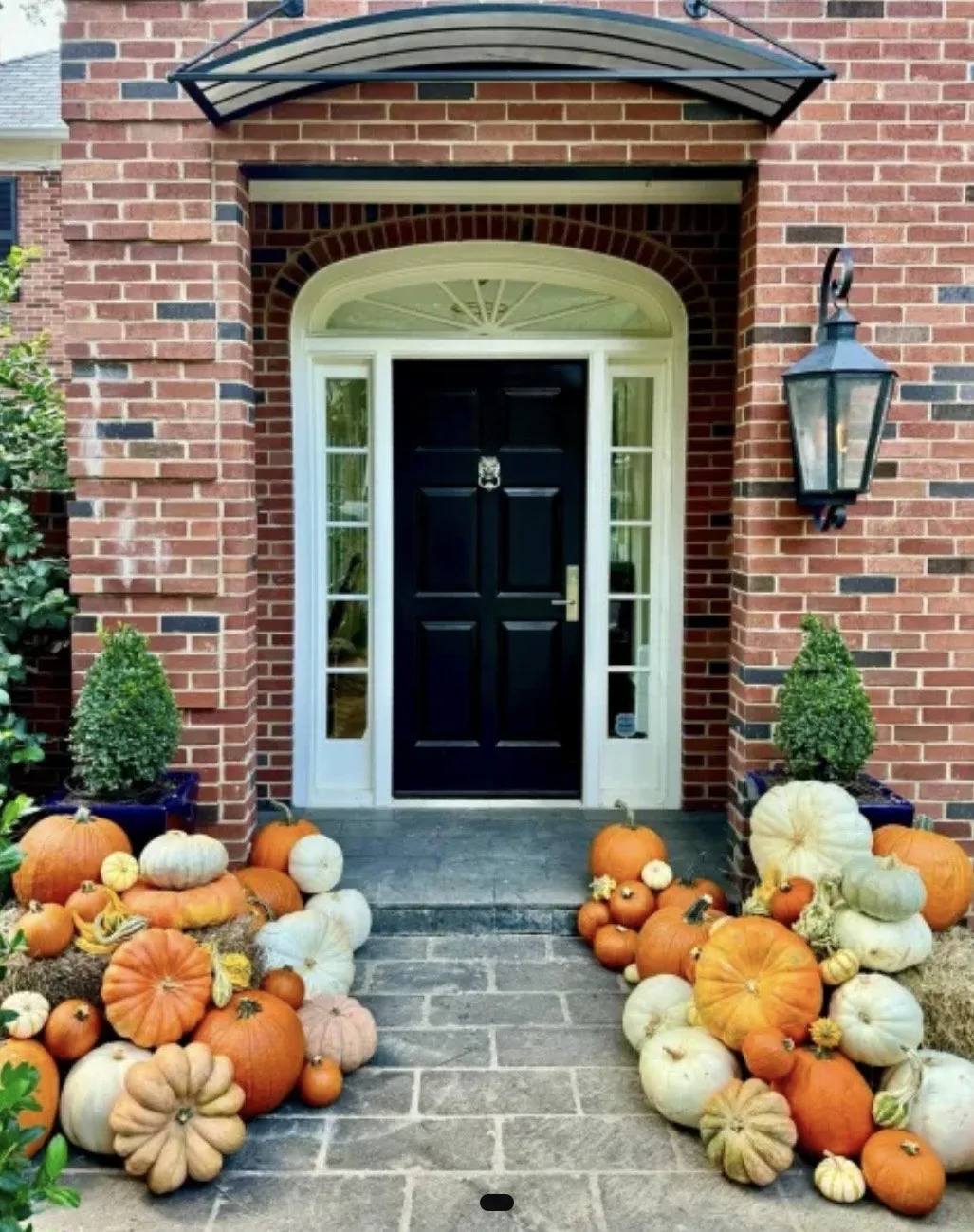 Large porch with roughly 40 to 50 real uncarved pumpkins cascading down several steps