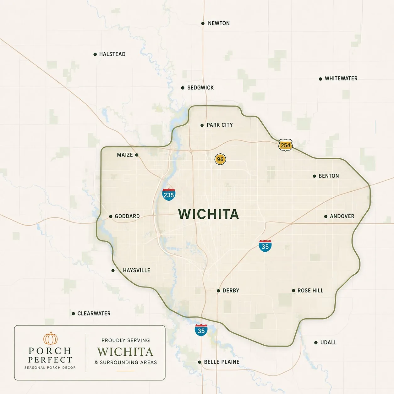 Map of the Porch Perfect service area covering Wichita, Kansas and surrounding communities including Maize, Park City, Goddard, Haysville, Derby, Andover, Benton and Rose Hill