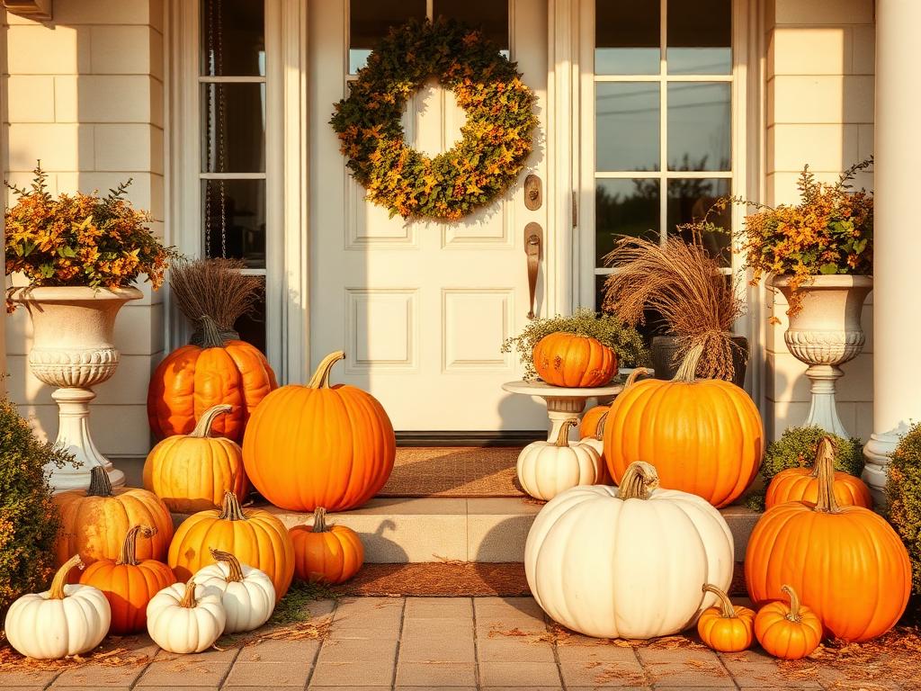 Four differently sized porch displays of real uncarved pumpkins