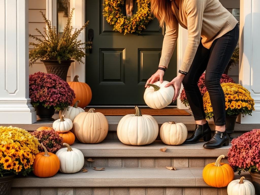 A professional team arranging real, uncarved pumpkins on a front porch